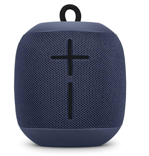 a blue speaker with a cross on it