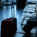 a luggage on a bench