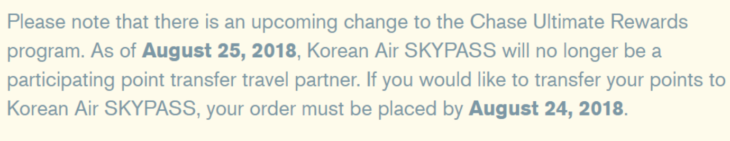 Last Chance Transfer Chase UR To Korean Air Skypass 8/24/18