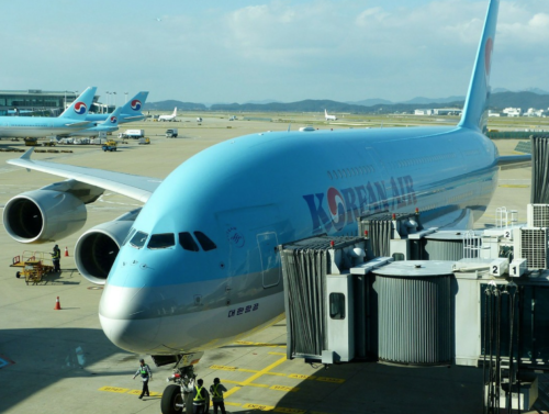 a large blue airplane at an airport