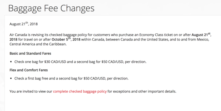 Air Canada Increases Baggage Fees