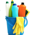 a bucket full of cleaning supplies