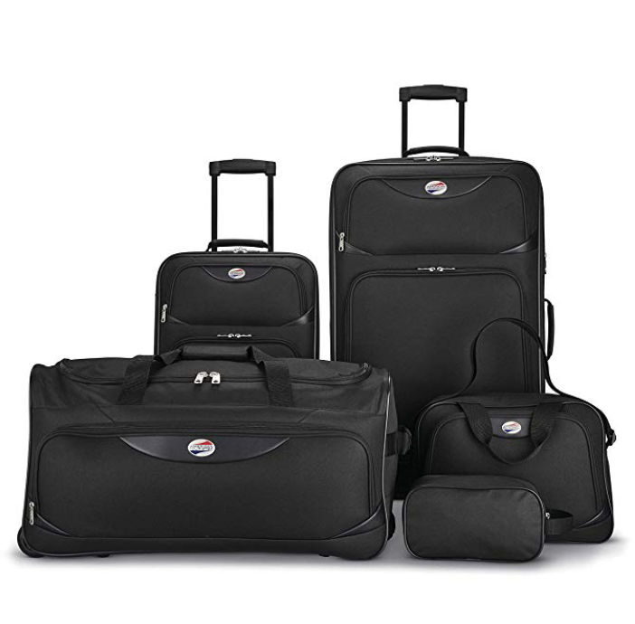 a group of black luggage