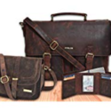 a brown leather briefcase and wallet