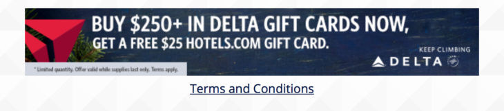 Delta Free $25 Hotels.com Gift Card With $250 Gift Card