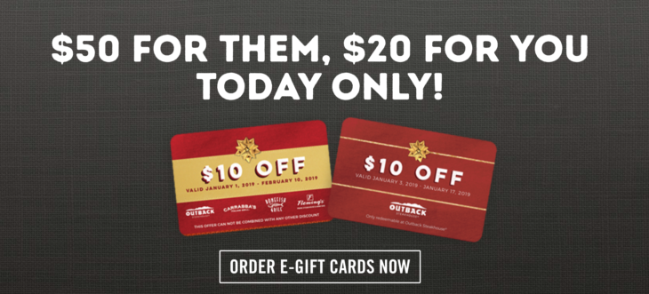 Outback Steak House $20 Bonus With $50 Gift Card Today Only!