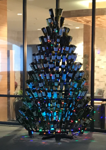 a tree made of wine bottles