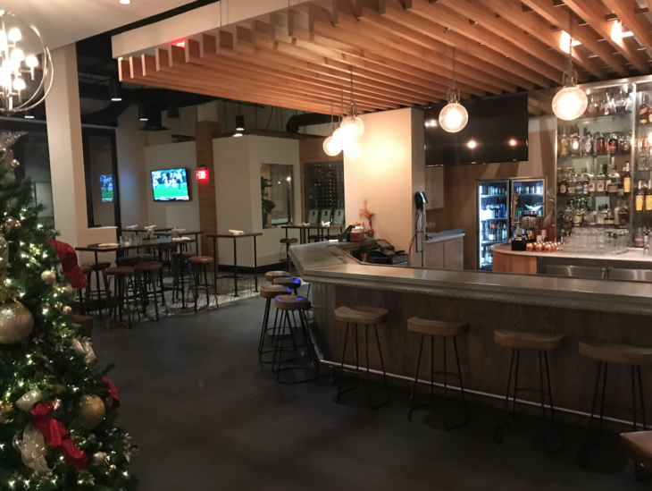 a bar with stools and lights