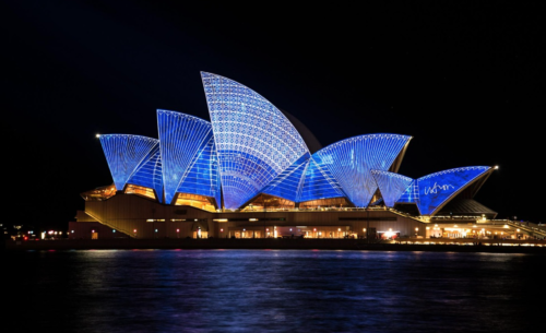 Sydney Opera House with blue lights