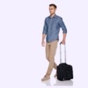 a man walking with a suitcase
