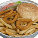 a plate of food with onion rings and fries