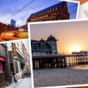 a collage of buildings and a bridge