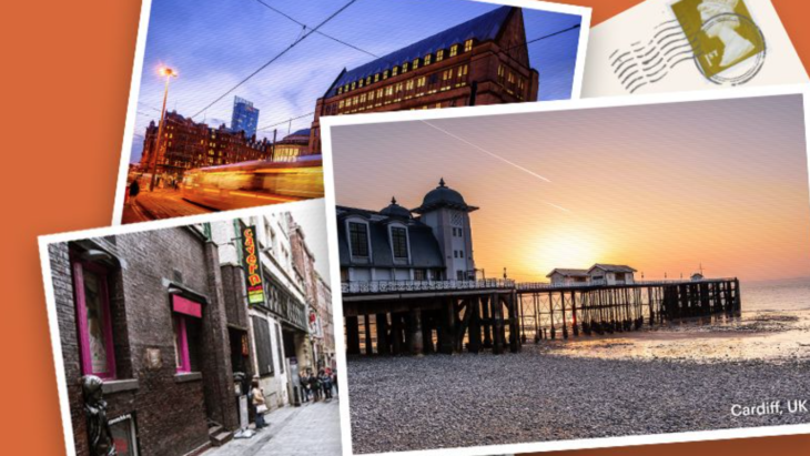 a collage of photos of buildings and a bridge