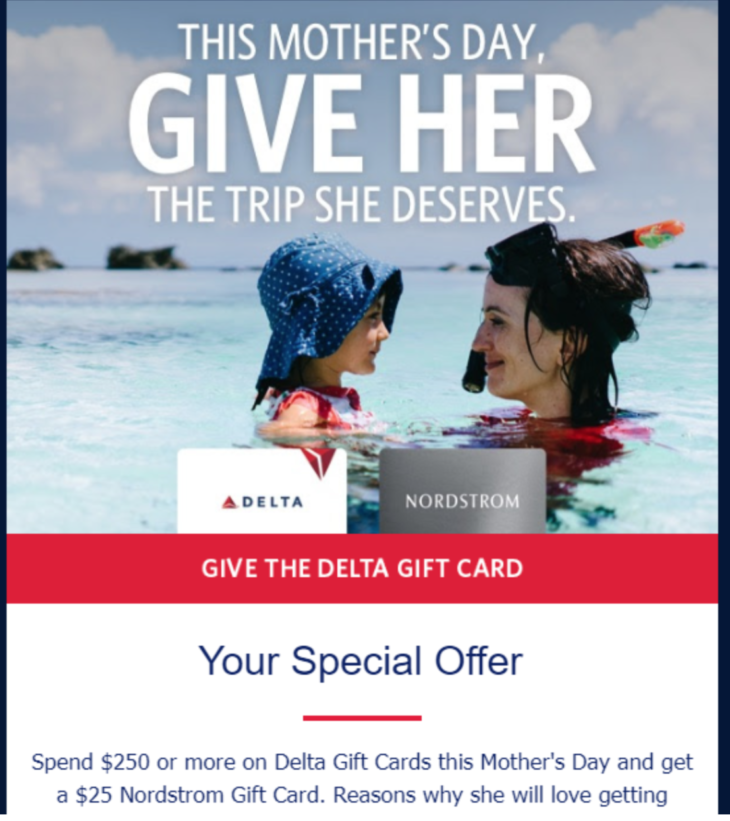 Delta Free $25 Nordstrom Gift Card With $250 Delta Gift Card Offer (targeted)