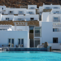 a pool in front of a building