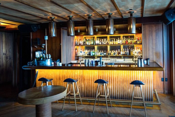 a bar with a counter and stools