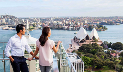 a man and woman looking at a city