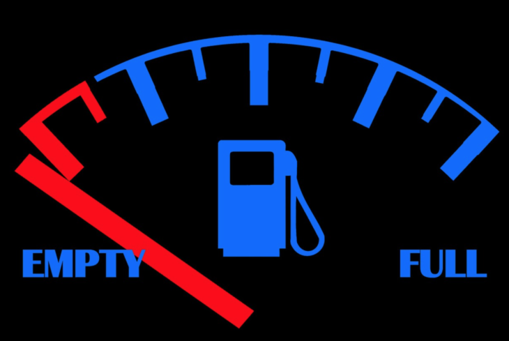 a blue and red fuel gauge