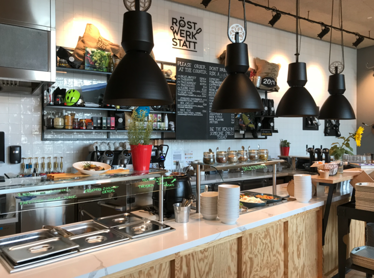 a kitchen with a variety of food items