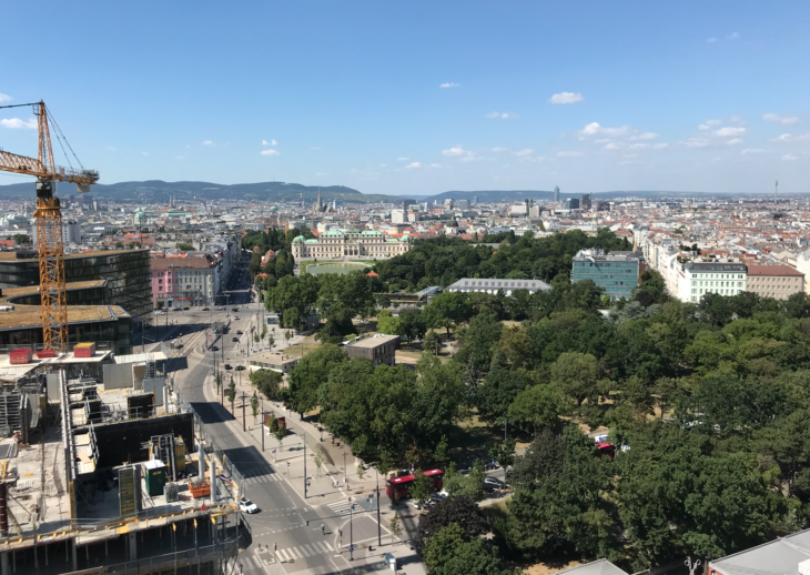 a city with trees and buildings