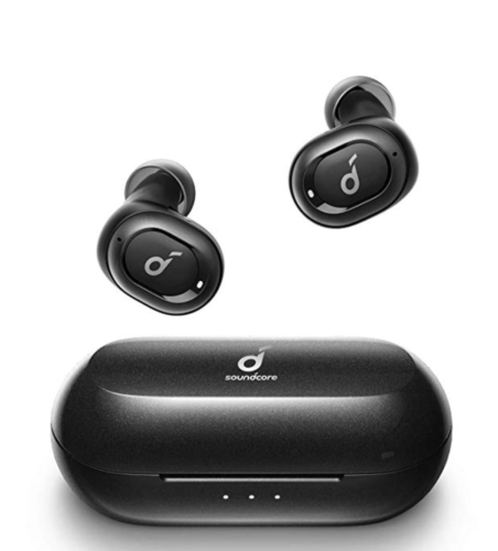 a black wireless earbuds and a case