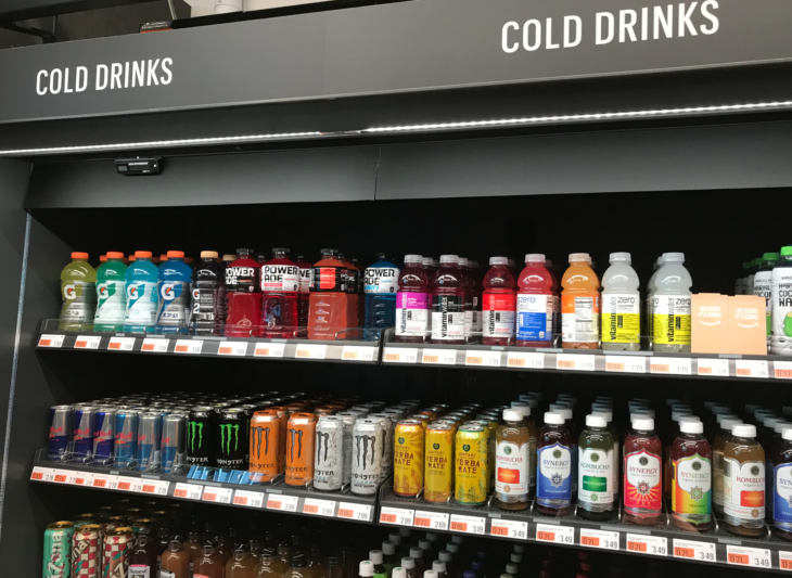 a shelf with drinks on it