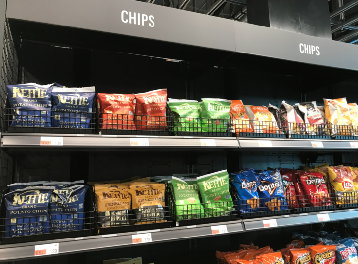 a shelf with chips on it