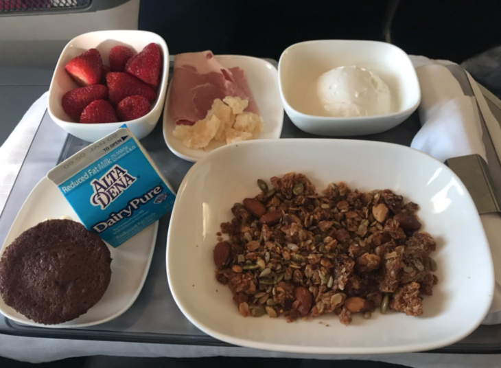 a tray of food and drinks