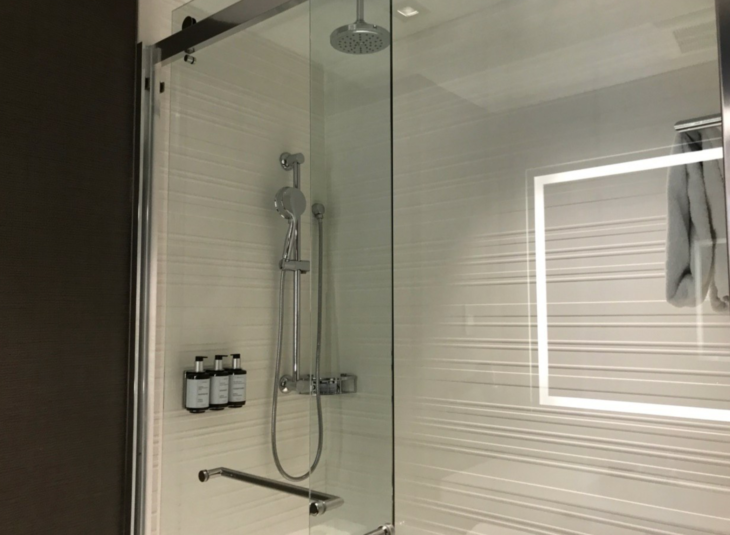 a shower with a glass door