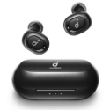 a black wireless earbuds and a case