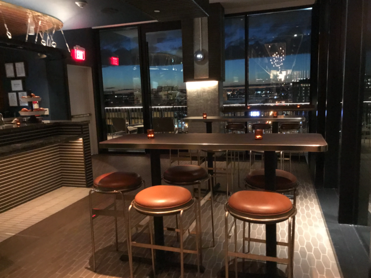 a bar with stools and a table