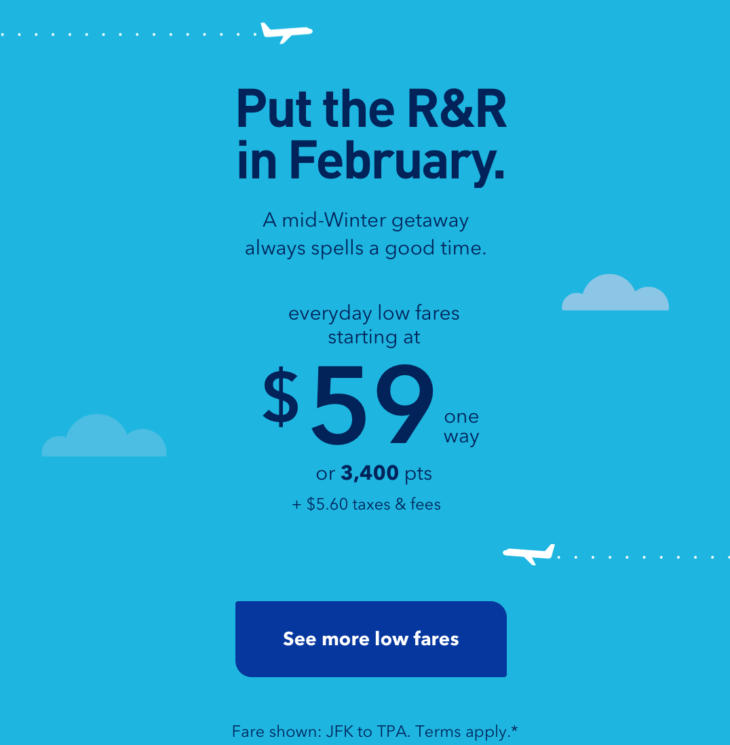 a blue advertisement with white planes and blue text