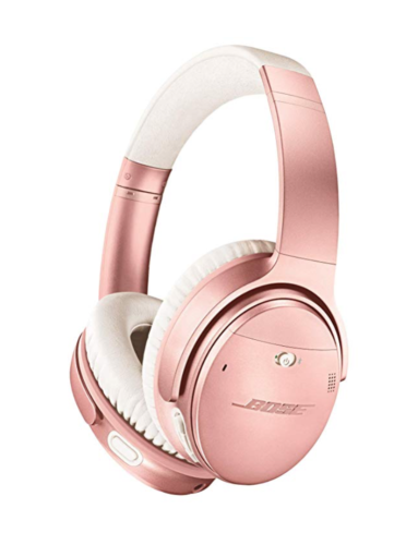 a pink headphones with white earbuds