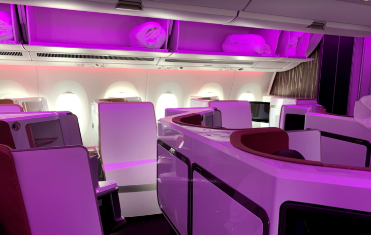 a purple light in an airplane