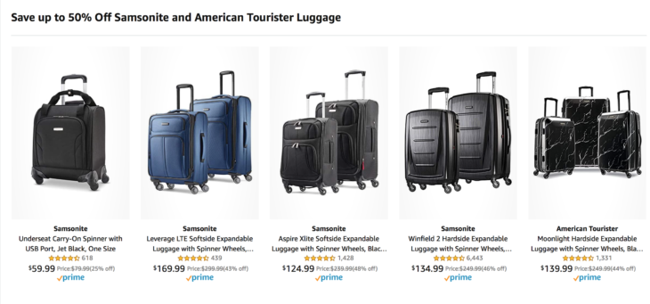 a group of luggage on a product list