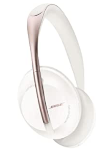 a white headphones with a silver handle