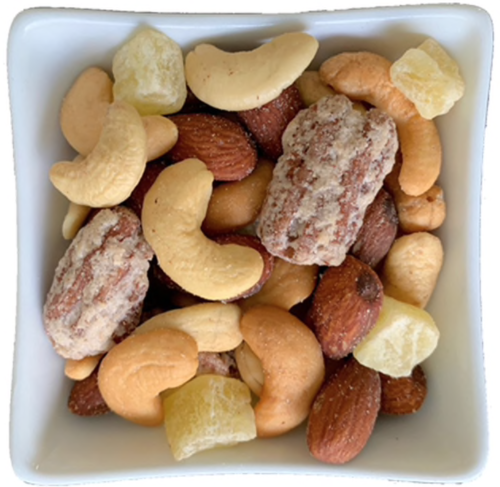 a bowl of nuts and dried fruit