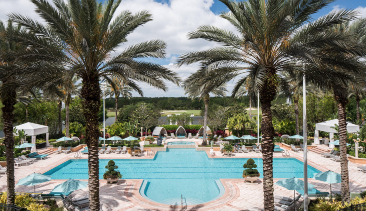 a pool with palm trees and a pool