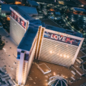 a large building with lights on it