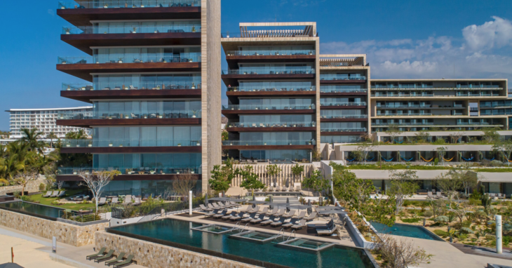 a pool in front of a building