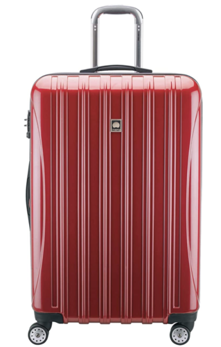 a red suitcase with a handle