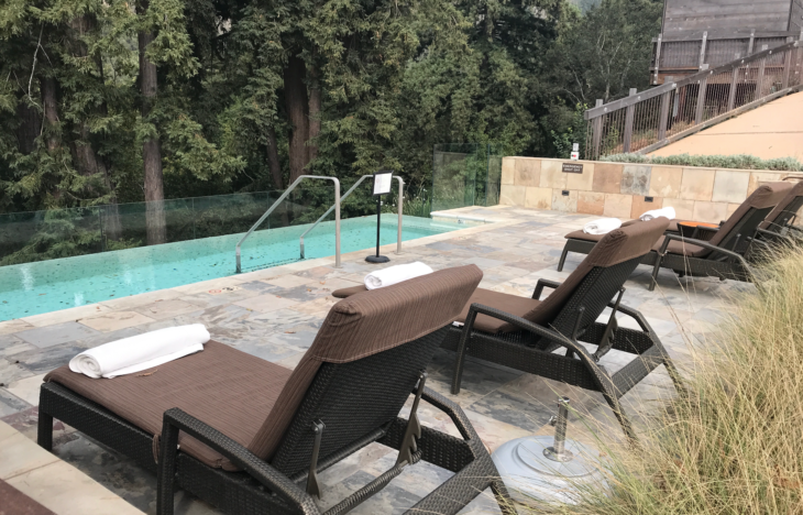 a pool with chairs and trees