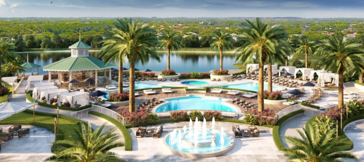 a pool with palm trees and a fountain