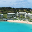 a large hotel on a beach