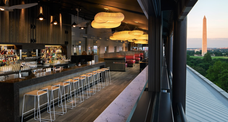 a bar with stools and lights