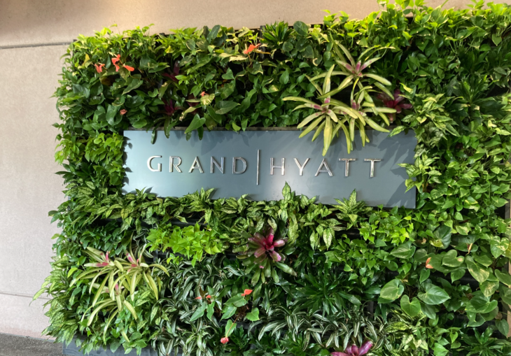 a sign on a wall of plants