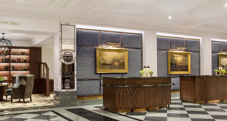 a reception desk in a hotel